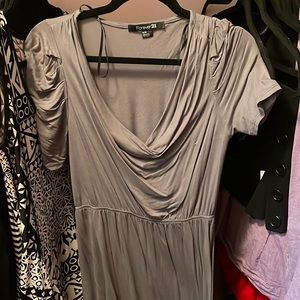 Grey dress, right around the waist with short sleeves